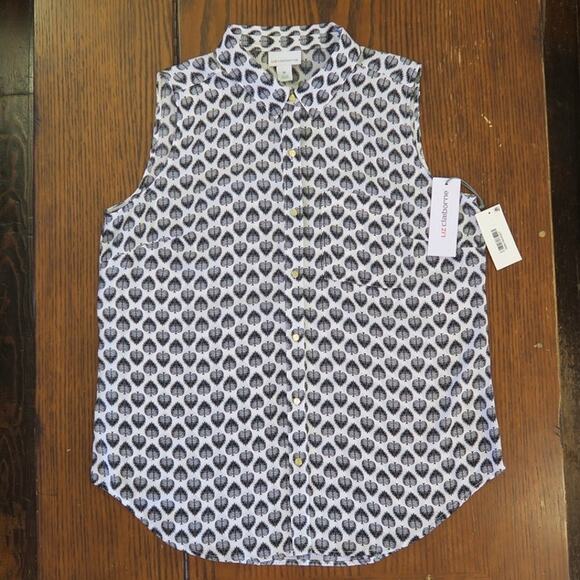 Liz Claiborne Womens Sleeveless Feather Print Blouse M White/Black NEW Button Up - Picture 1 of 8
